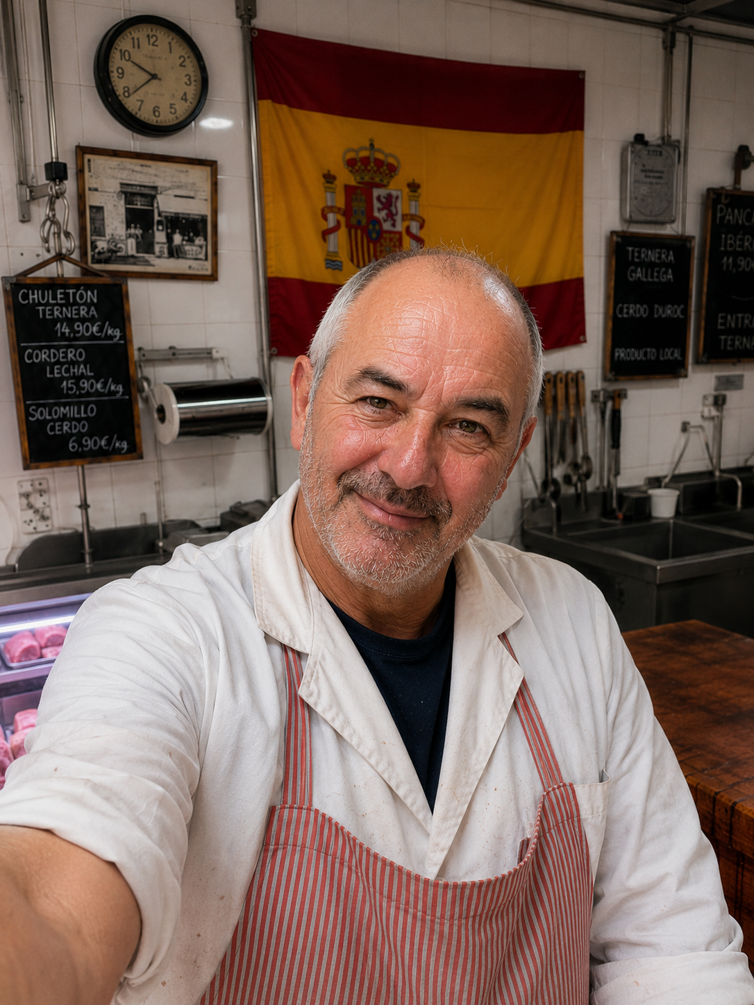 Antonio sonriendo detrás del mostrador de su carnicería, con la bandera de España al fondo